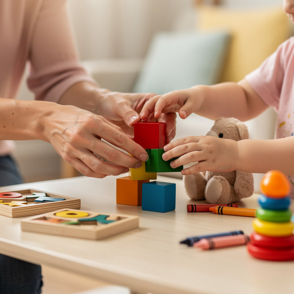 My Little Star Family Daycare nurturing caregiver interacting happily with children in a warm, sunny playroom